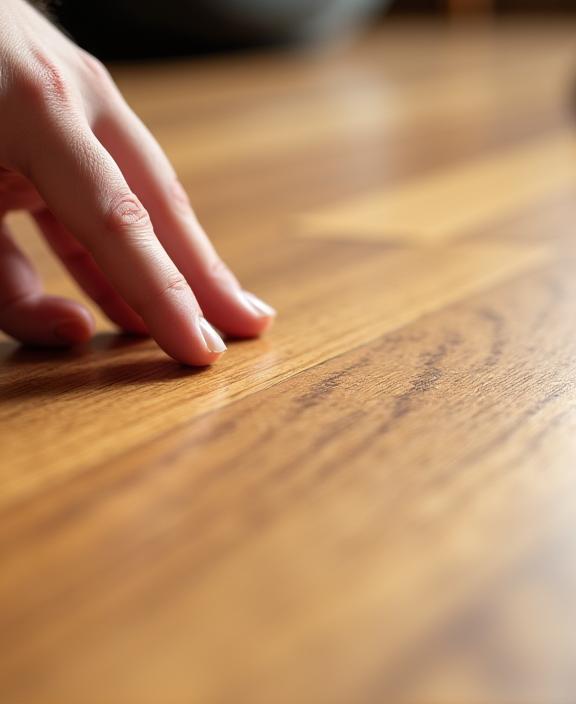 Main touchant un parquet en bois certifié FSC.