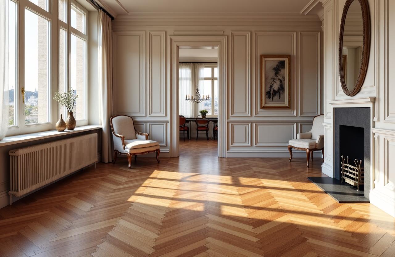 Intérieur d'un appartement parisien élégant avec un parquet en point de Hongrie.